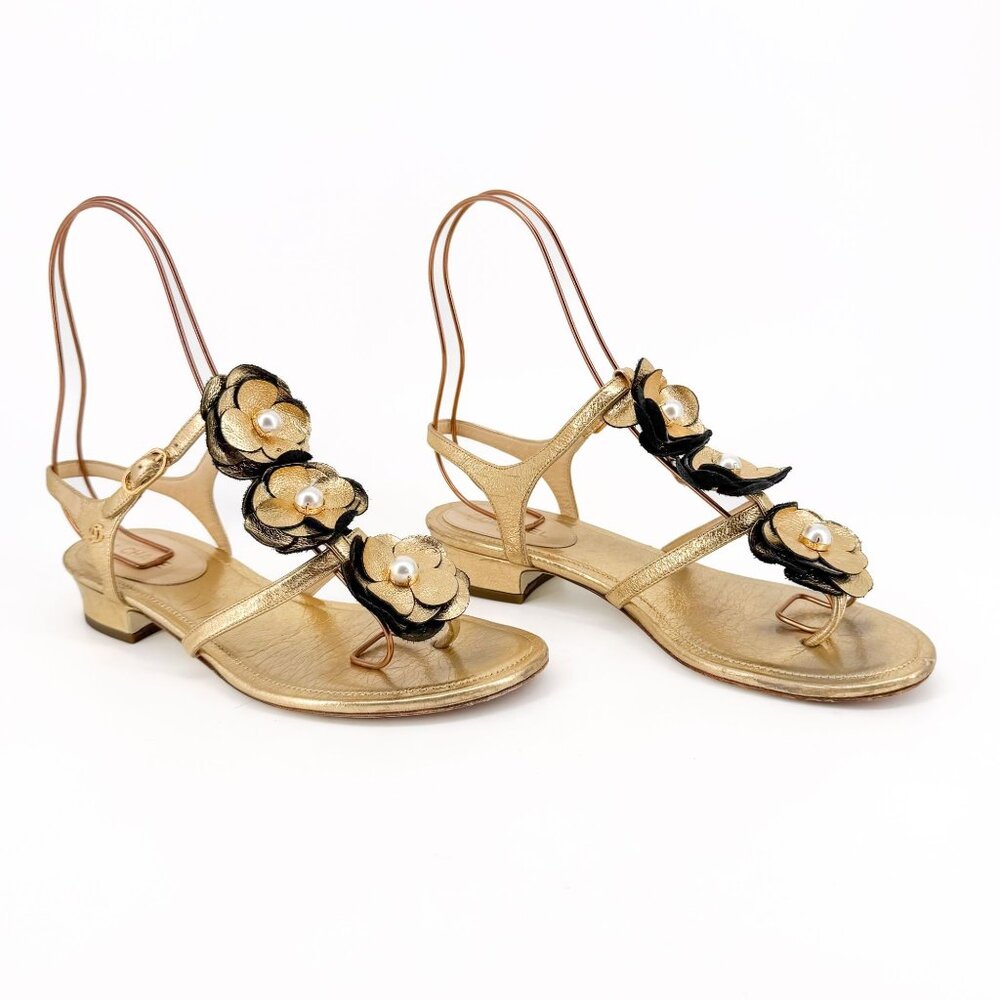 Chanel Camellia Pearl T-Strap Sandals Gold Leather Size 37C US 6–6.5 Women Flat